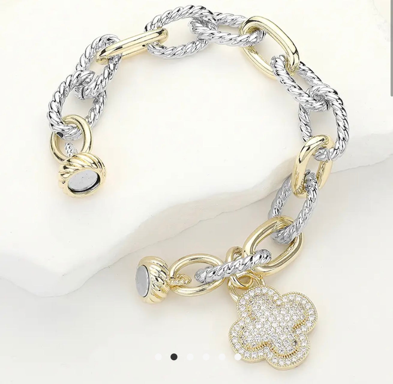14K Gold Plated Two Tone Cz Paved
Quatrefoil Charm Bracelet