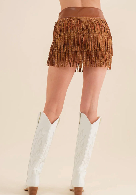 Wide Faux Leather Waist Tiered
Fringe Studded Short