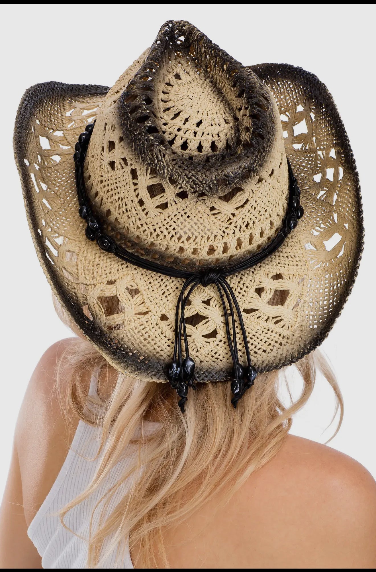 Lightly Beaded Vintage Burnt Crochet
Straw Cowboy Hat