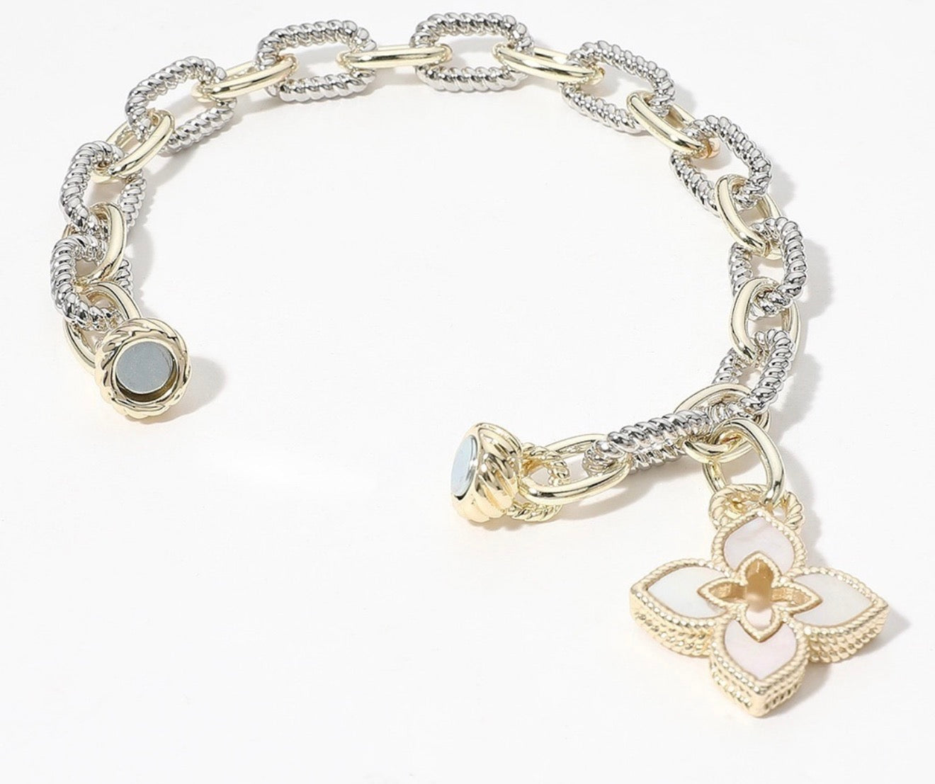 Two Tone 14KGP Mother of Pearl Charm Bracelet Magnetic Closure