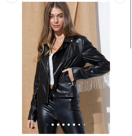 Faux Leather Moto Jacket
Rhinestone Fringe Back
