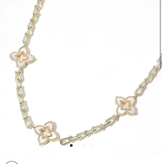 14K Gold Plated Cz Paved/Mother of Pearl Clover Necklace