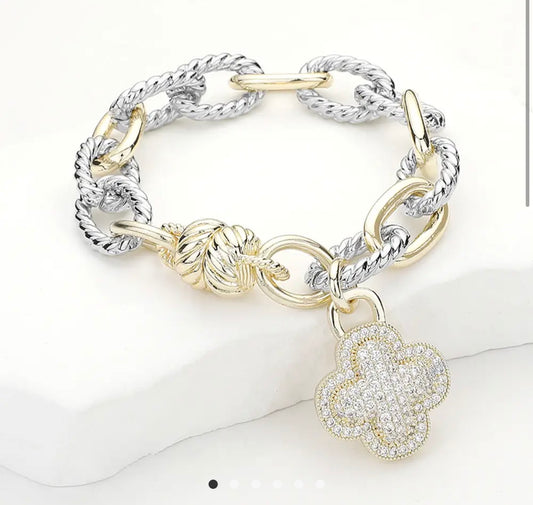 14K Gold Plated Two Tone Cz Paved
Quatrefoil Charm Bracelet