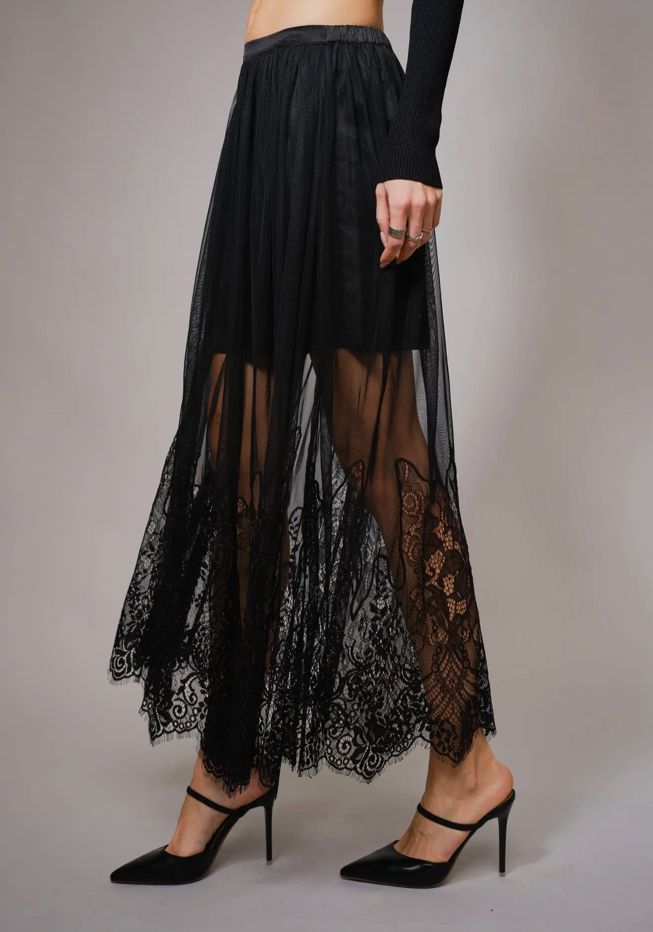 Blue B Sheer Mesh Lace Mini Lined
Maxi Skirt