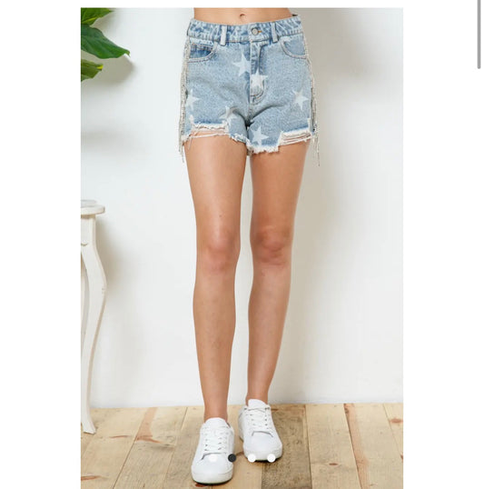 Star Denim Shorts W Rhinestone
Side Fringe