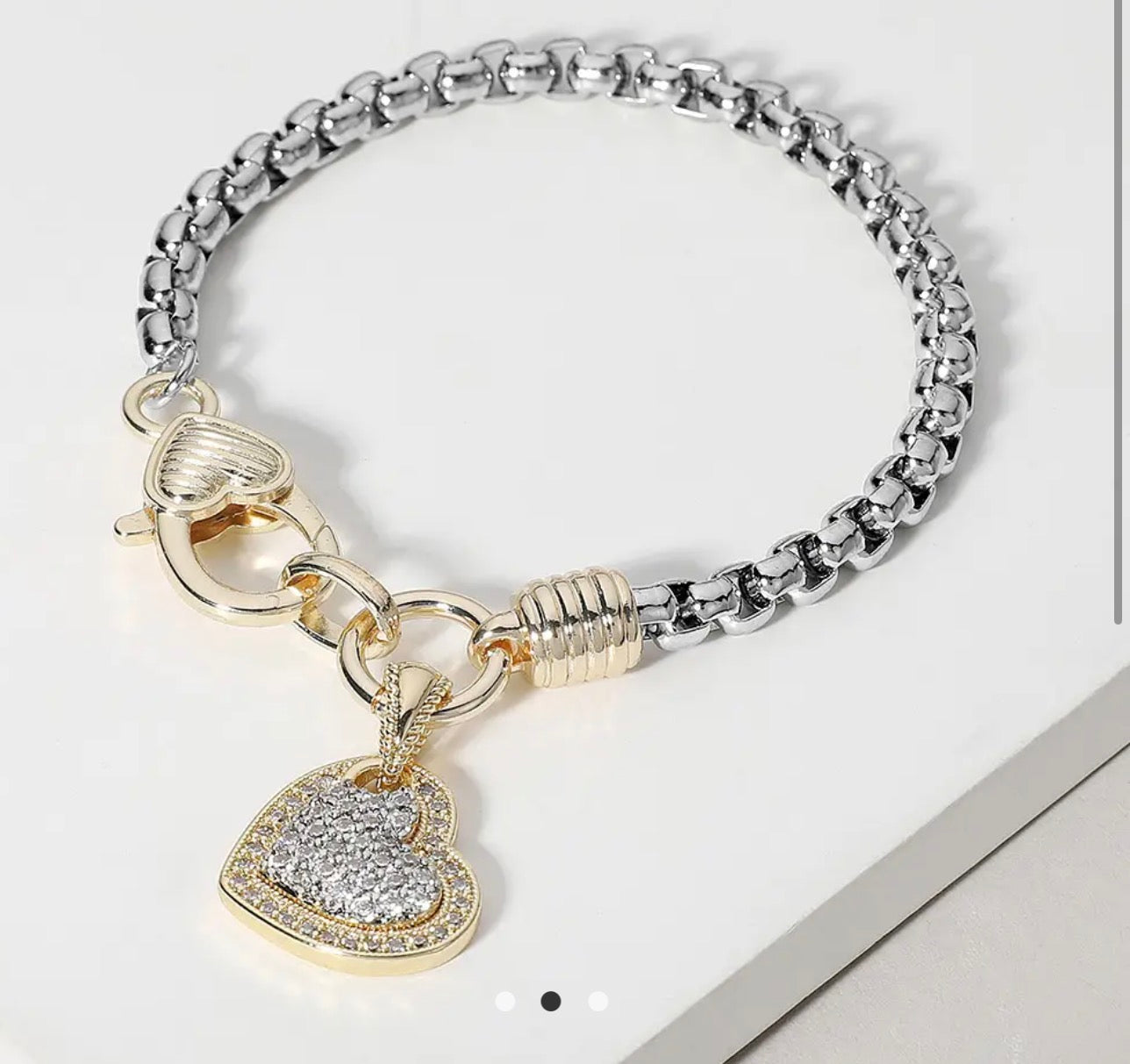 Two Tone 14K Gold Plated Cz Stone Paved Heart Charm Bracelet