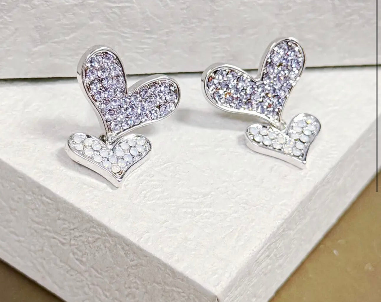 Double Heart Drop Earring, Heart Stud Earring, Crystal Stud