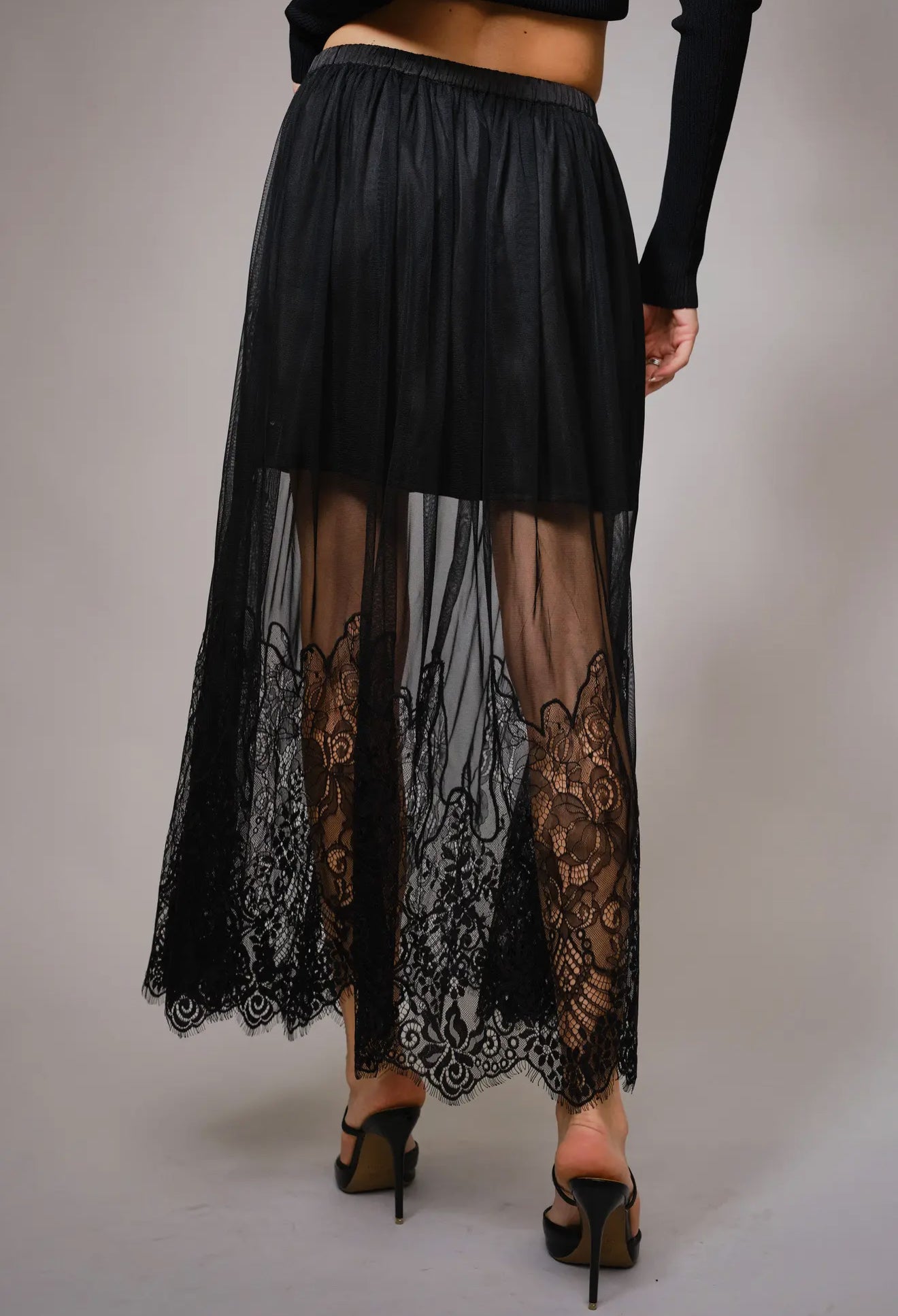 Blue B Sheer Mesh Lace Mini Lined
Maxi Skirt