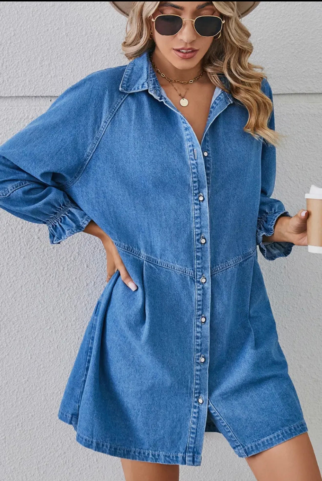 Loose Wash Long Sleeve Denim Single
Breasted Short Dress