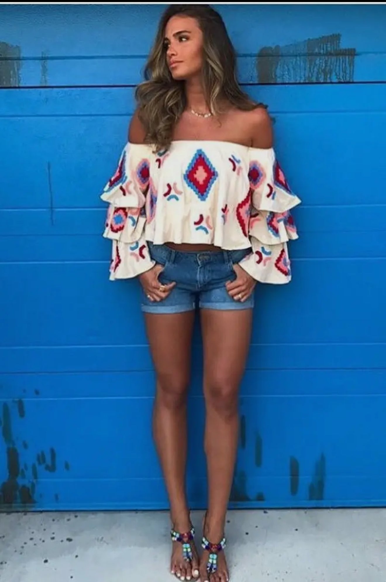 Boho Print One-Shoulder Long-Sleeved
Pullover Top