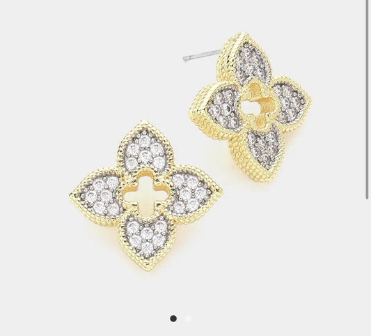14K Gold Plated Cz Stone Paved Clover Stud Earrings