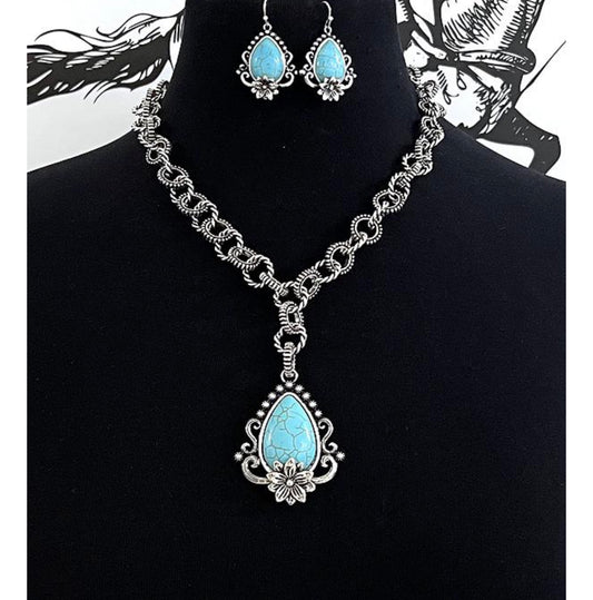 Vintage western turquoise teardrop pendent necklace and earrings