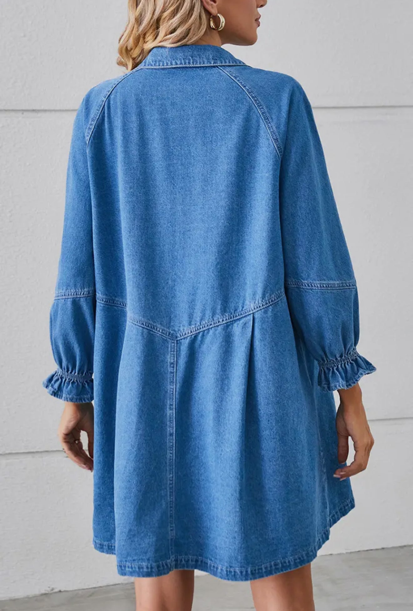 Loose Wash Long Sleeve Denim Single
Breasted Short Dress