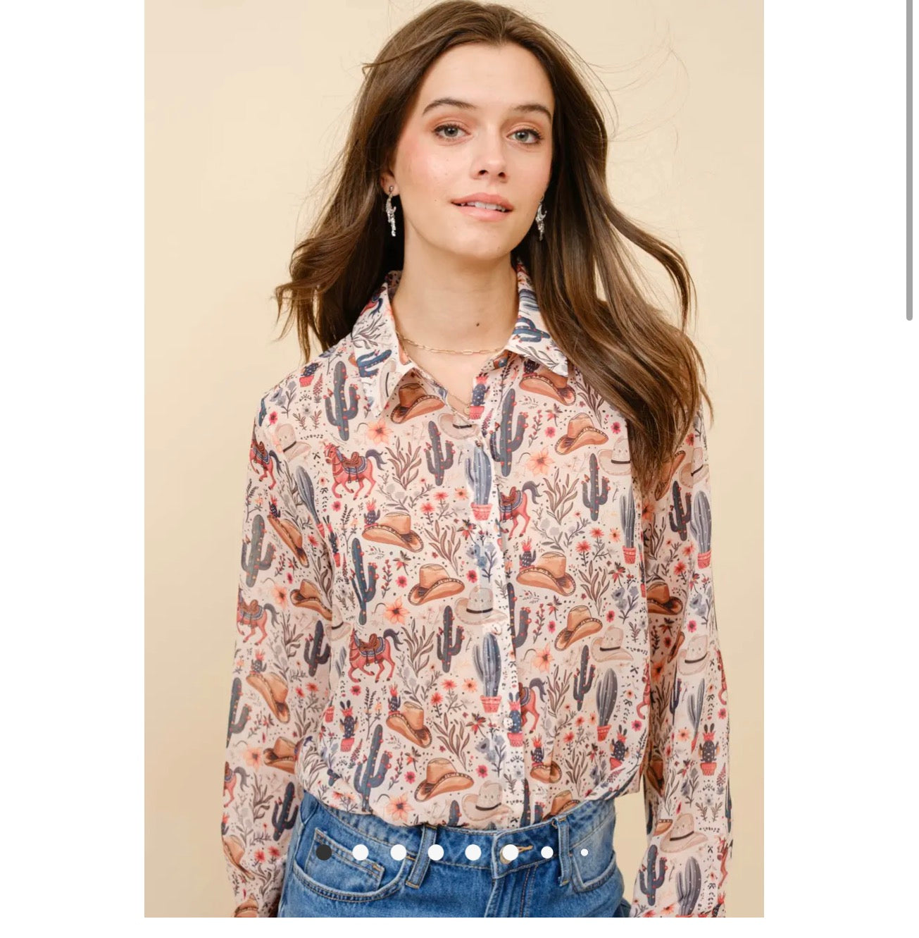 Western Print Chiffon Button
Up Blouse