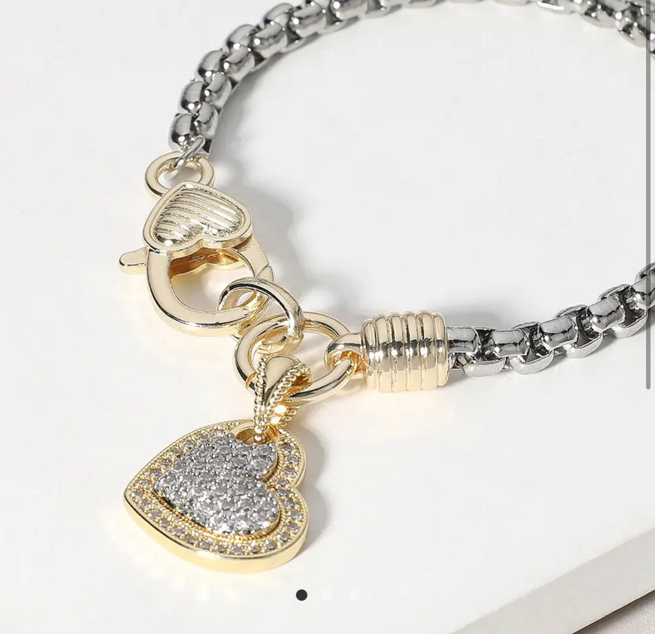 Two Tone 14K Gold Plated Cz Stone Paved Heart Charm Bracelet