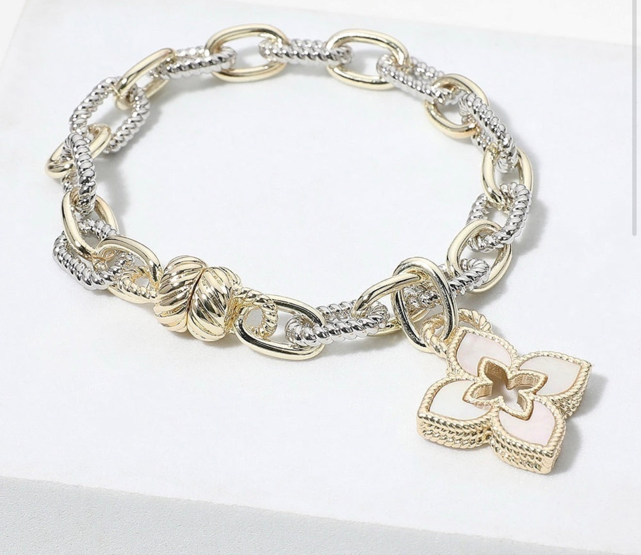 Two Tone 14KGP Mother of Pearl Charm Bracelet Magnetic Closure