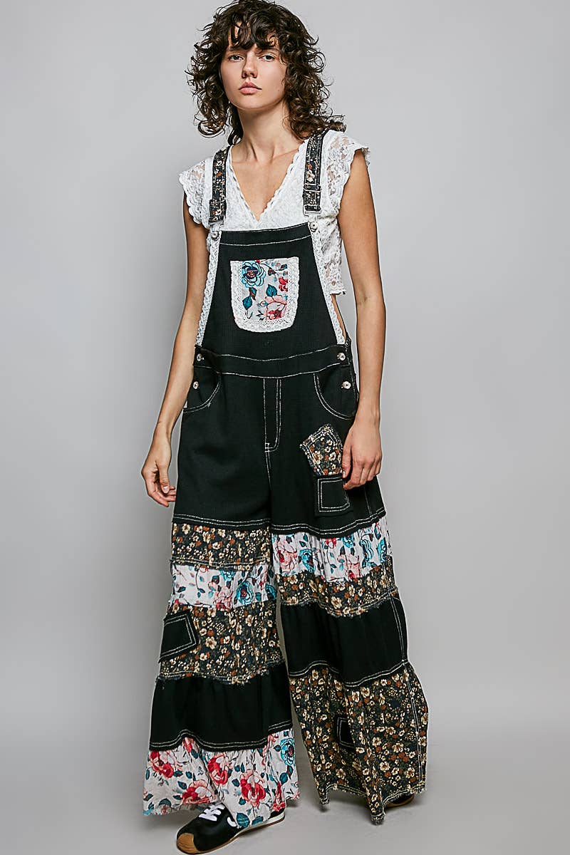 Feminine Mixed Printed Fabric Ruffle Wide Leg Overall Black