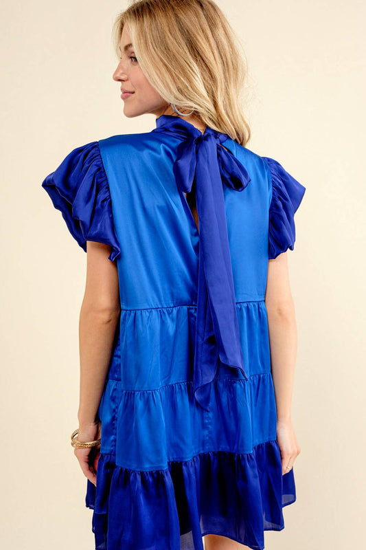 Tiered Tie Neck Back Mini Dress: FRENCH BLUE