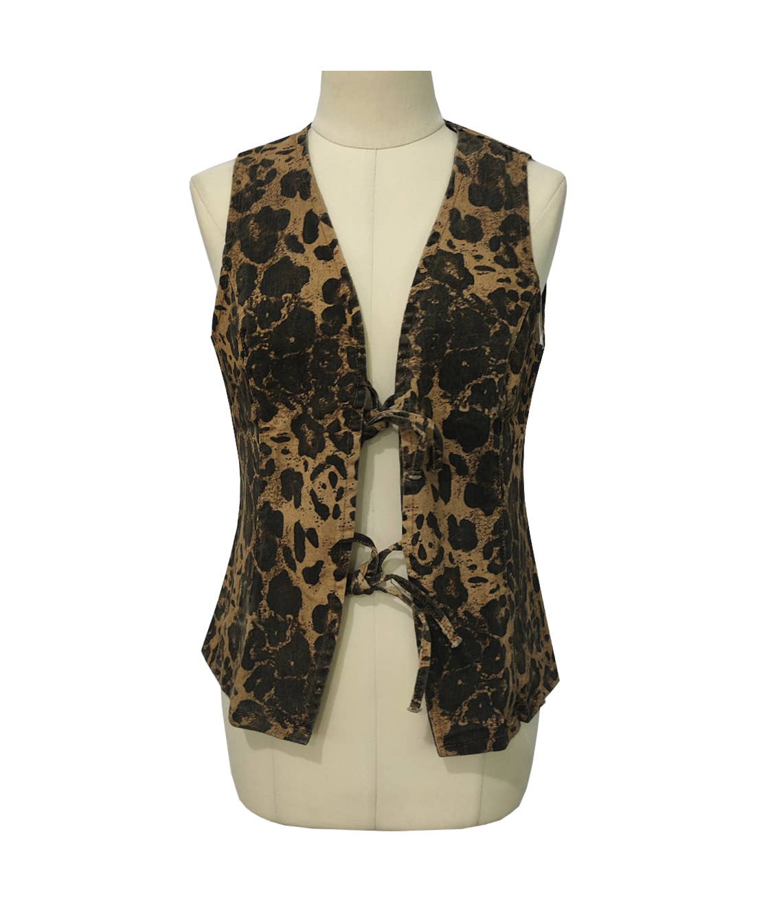 Basic Leopard Print Lace-Up Denim Vest: Leopard / L