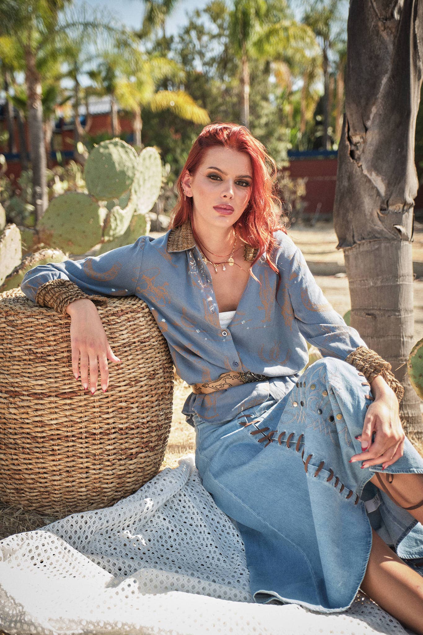 Western Printed Ruffle Cuff Shirt: DENIM BLUE