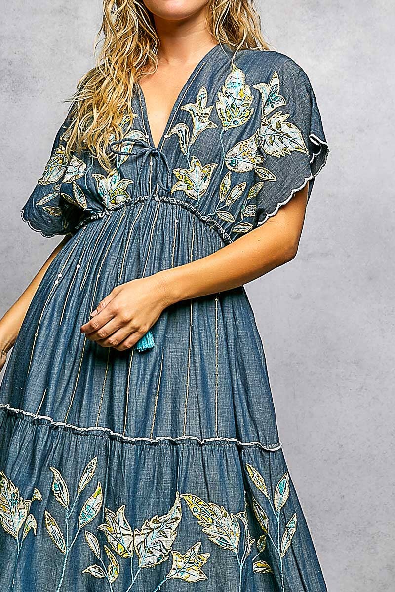 Embroidery Ruffle Neck Loop Cotton Denim V-neck Long Dress : DEEP DENIM
