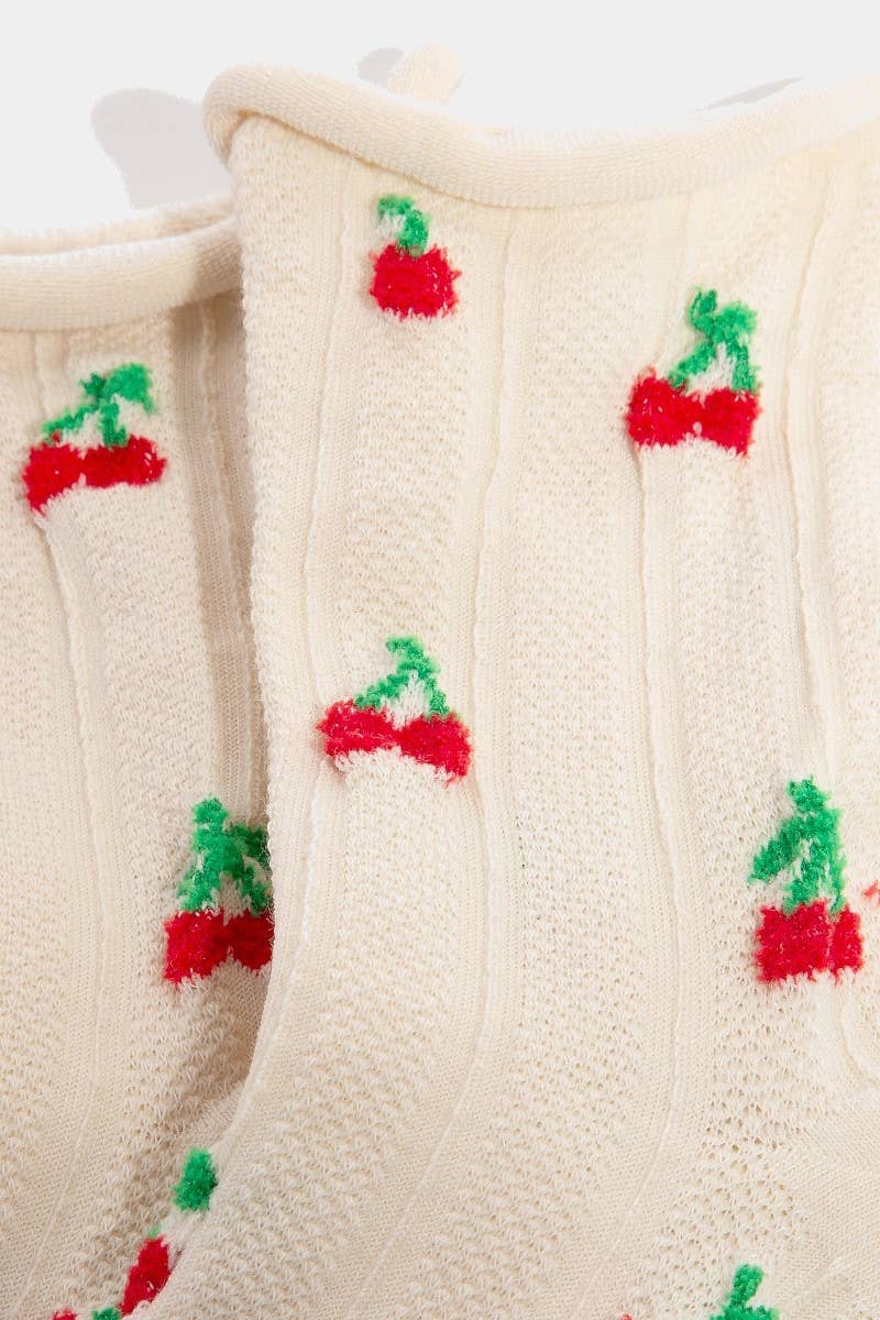 Intricate Cherry Embroidered Beige Socks: Beige