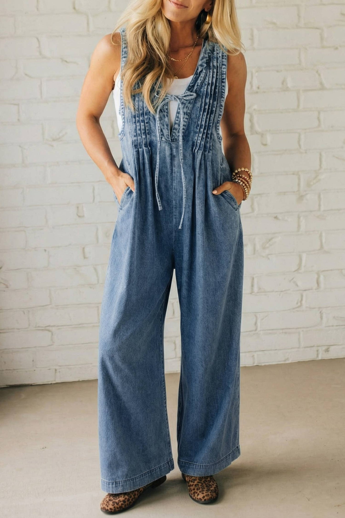 Solid Western Acid Wash Tie Neck Pintuck Wide Leg Jumpsuit : Dusk Blue