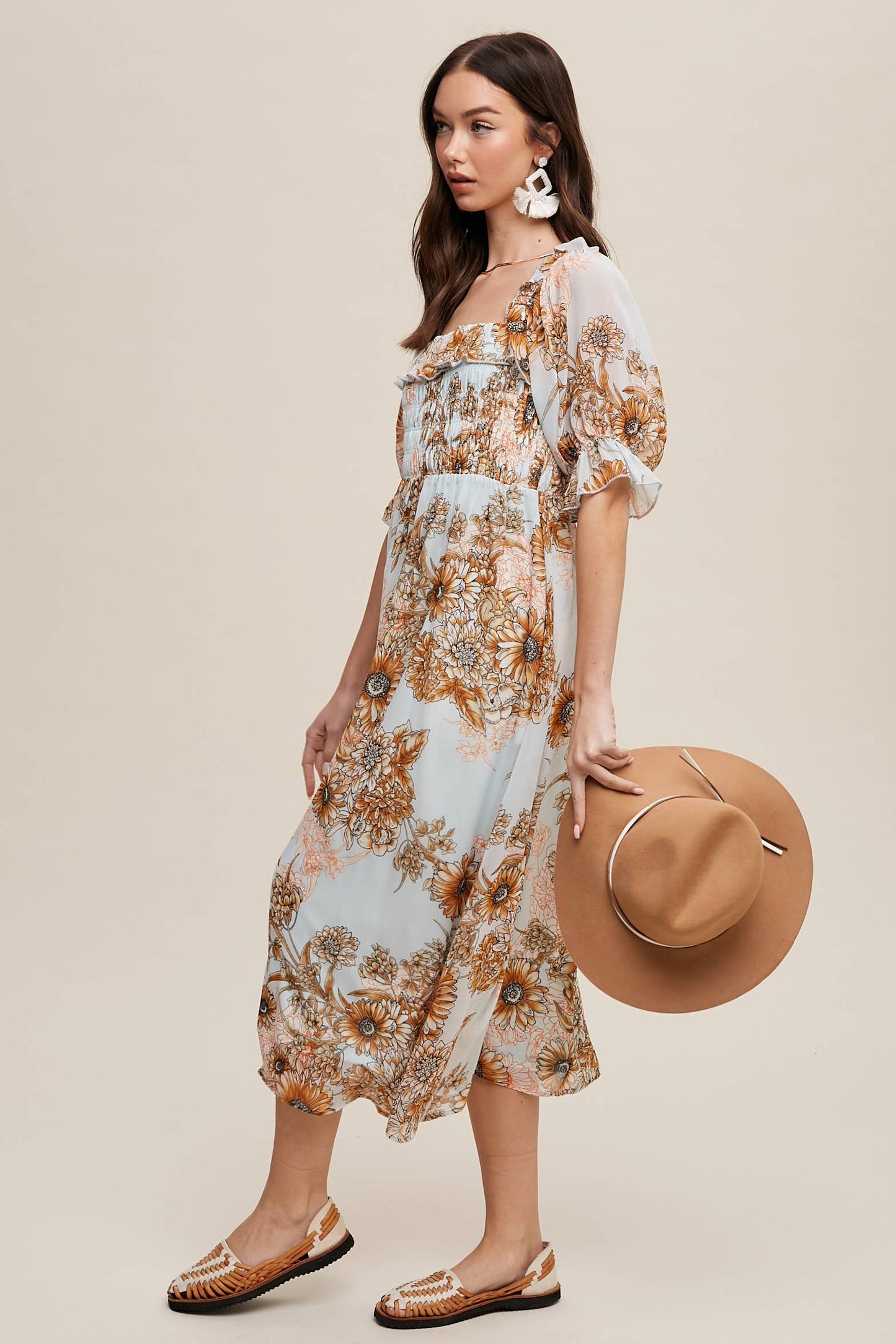 Floral Smocked Midi Dress: Butter Scotch