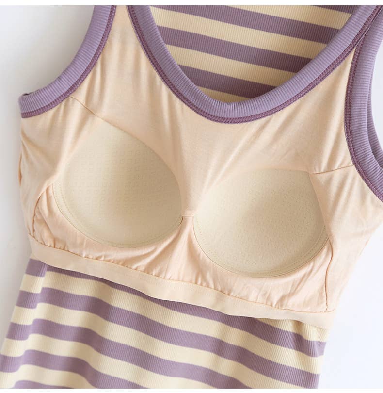 Contrast stripe scoop neck built-in bra tank top: Purple
