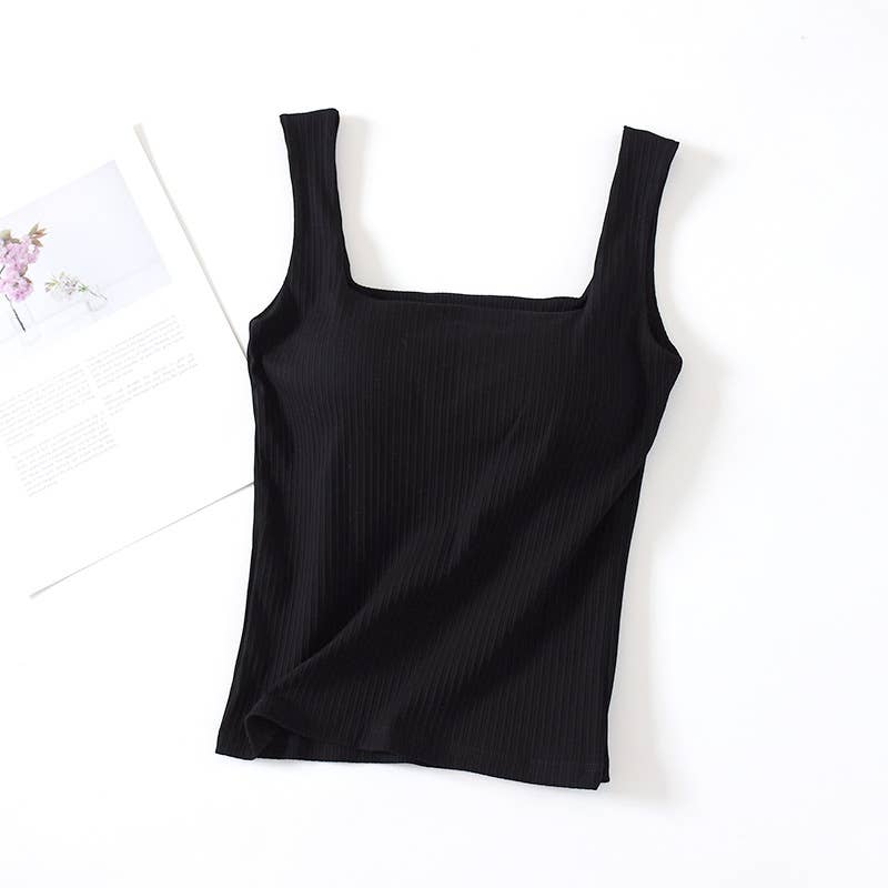 Basic Essential cotton square neck rib tank top w self bra: Black