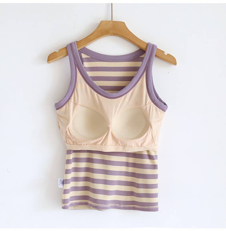 Contrast stripe scoop neck built-in bra tank top: Purple