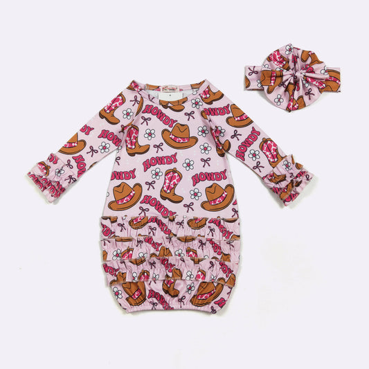 Pink Howdy Baby Gown W/ Headband