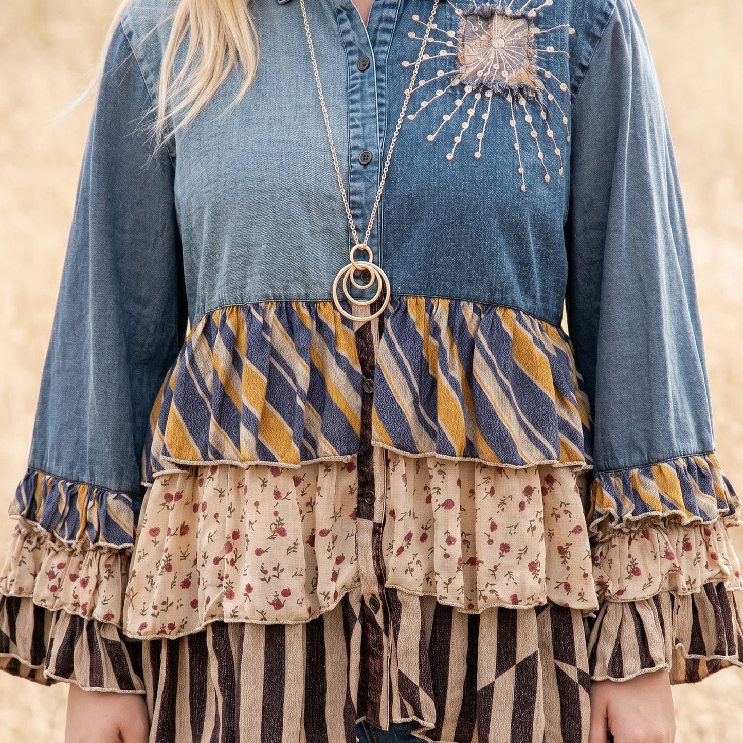 Vintage Boho Denim Yoke Patchwork Tiered Tunic Top