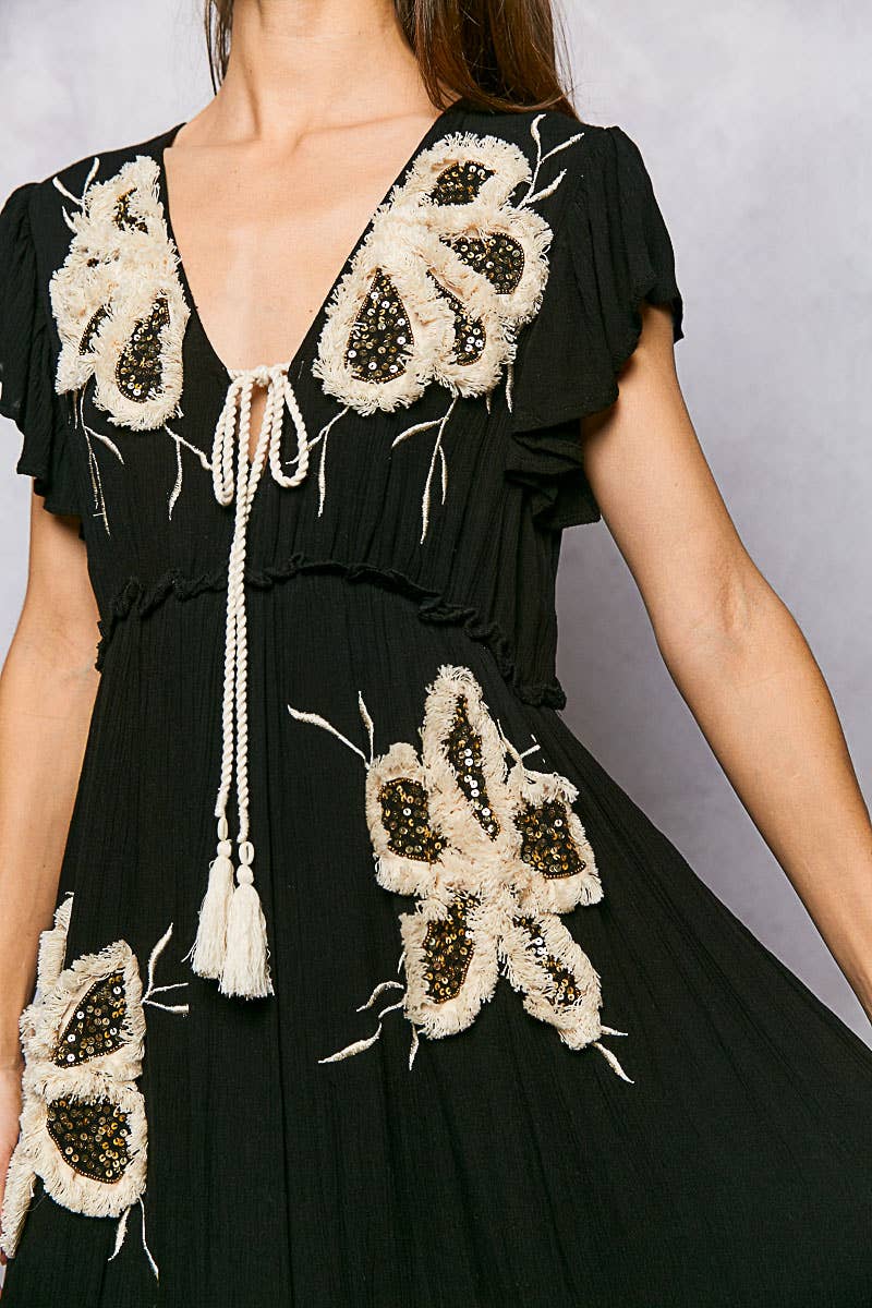 Ruffle Trim V-neck Embroidery Sequins Tassel Long Dress: Black