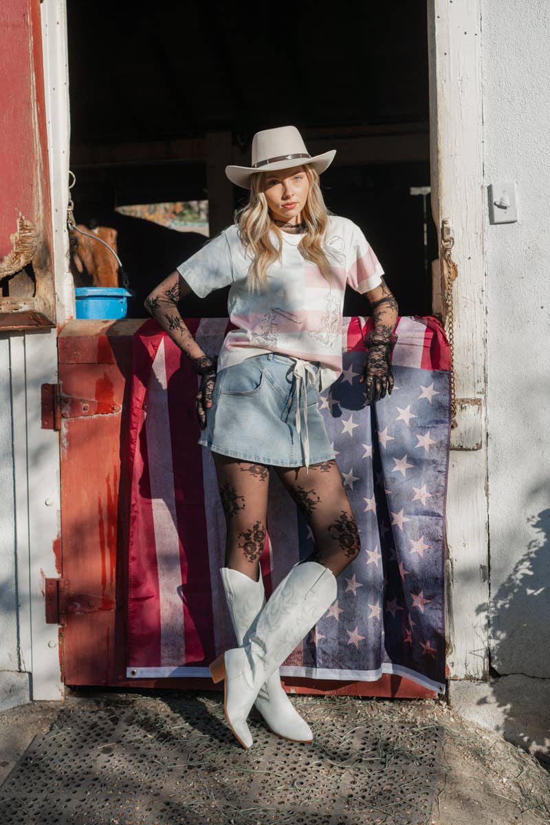 Western Flag Embroidery Crewneck Top: OFF WHITE MULTI