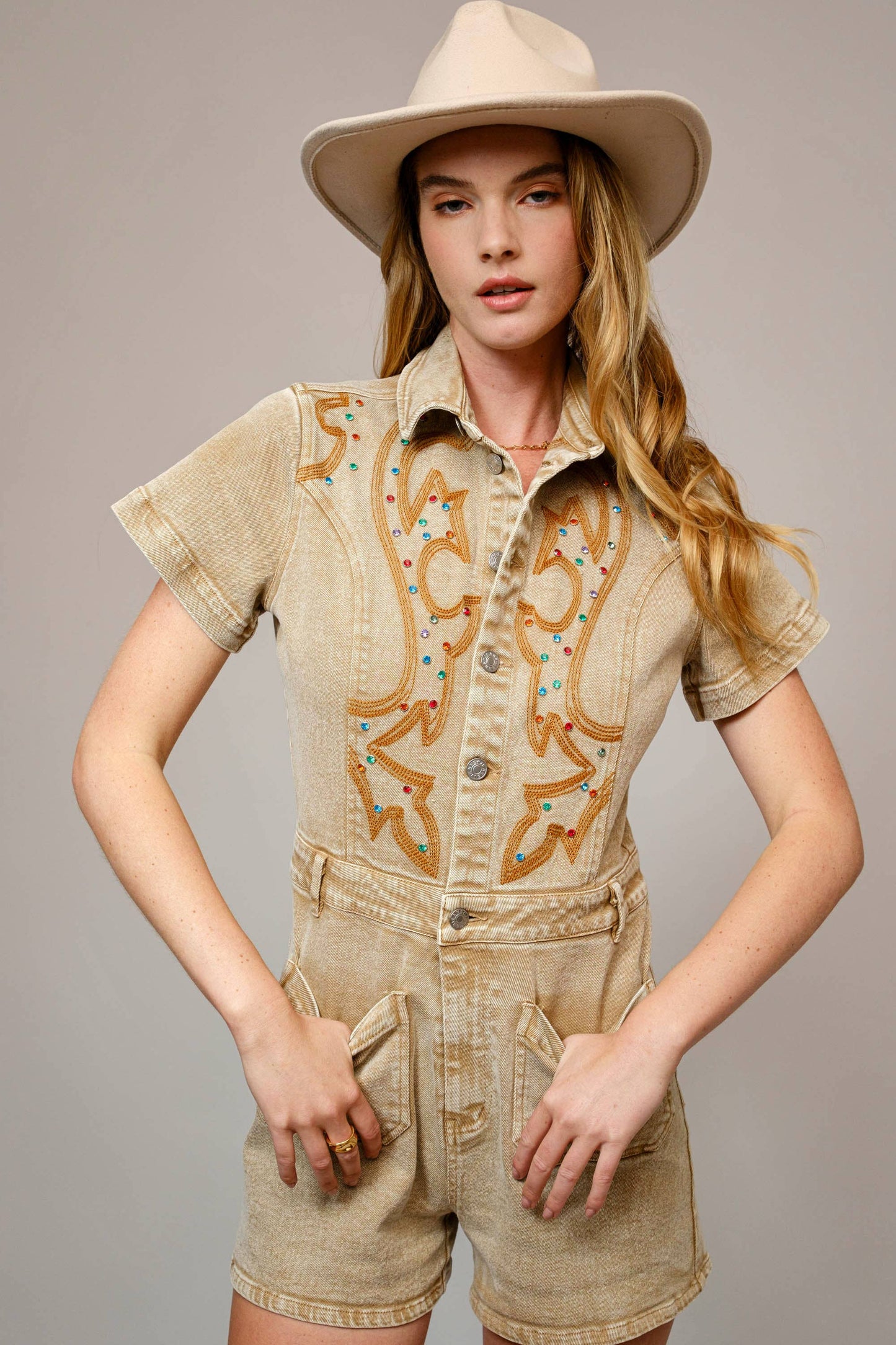 Garment Washed Embroidered Denim Romper