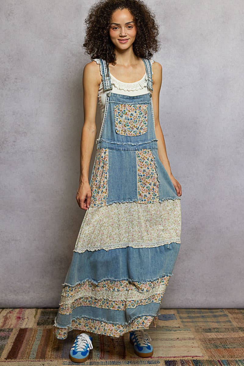 Vintage Washed Front Pocket Floral Contrast Dress: DENIM