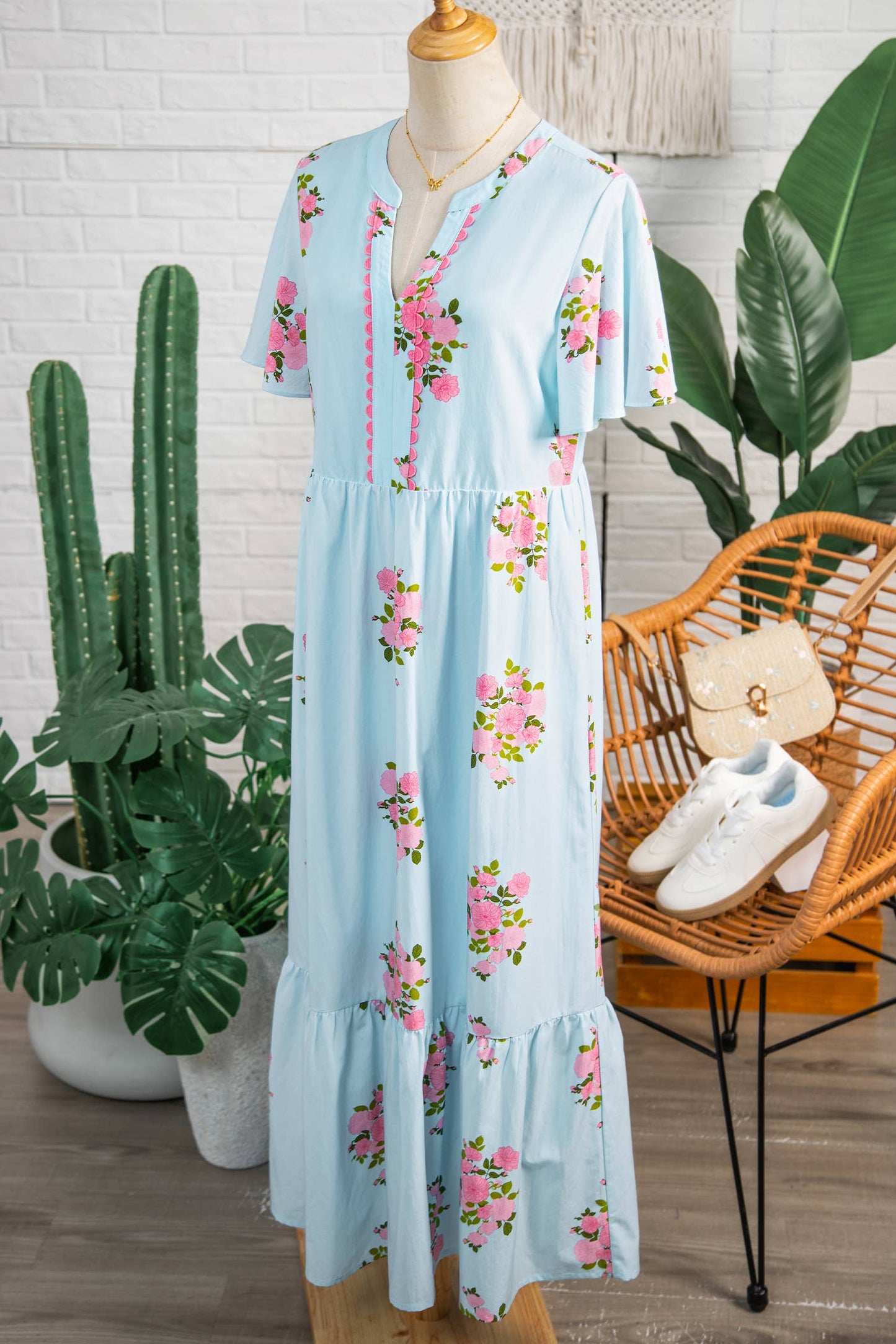 V Neck Flutter Short Sleeve Floral Maxi Dresses Sky Blue