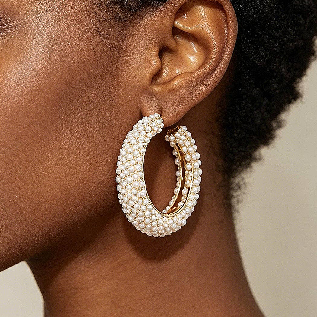 Pearl-encrusted Open Hoop Earrings