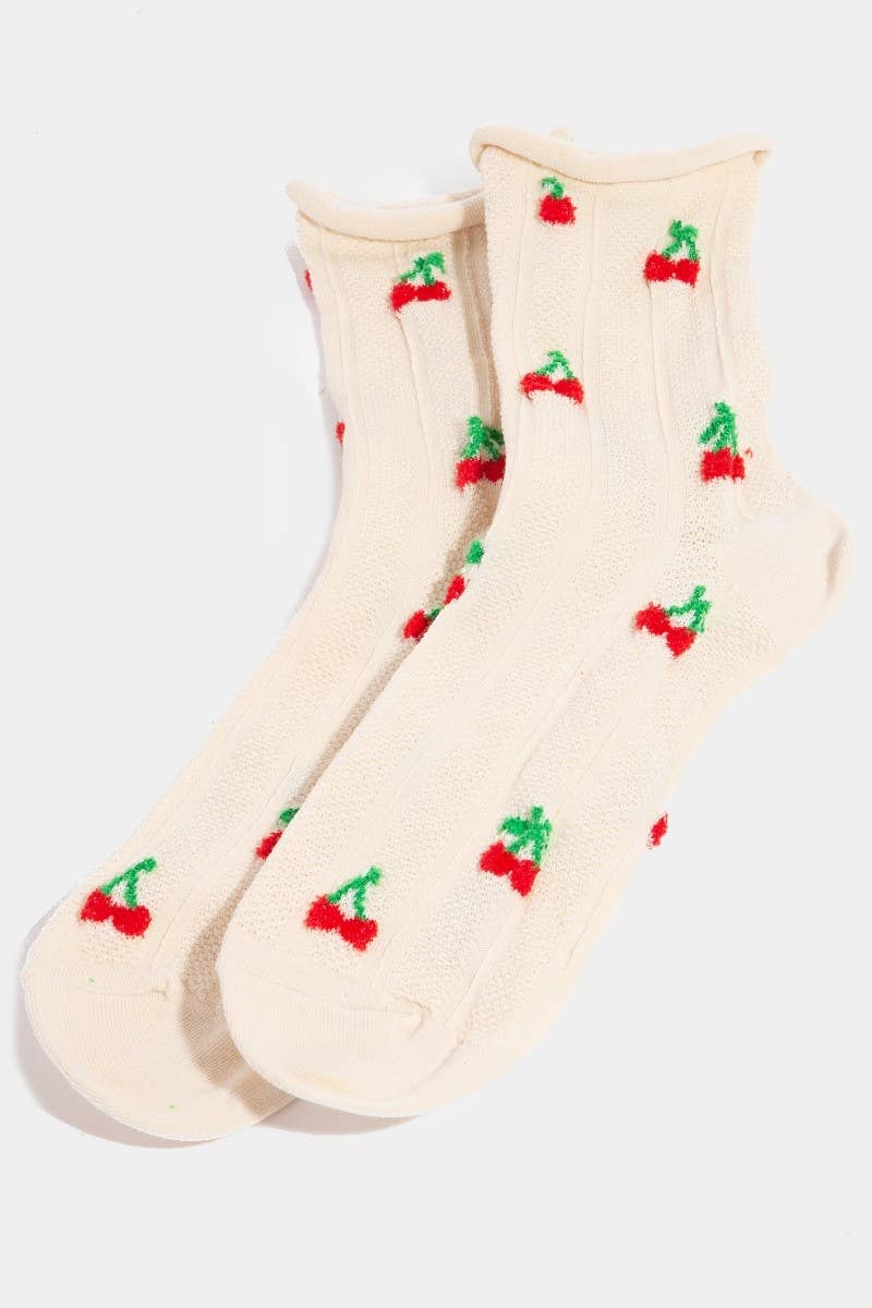Intricate Cherry Embroidered Beige Socks: Beige