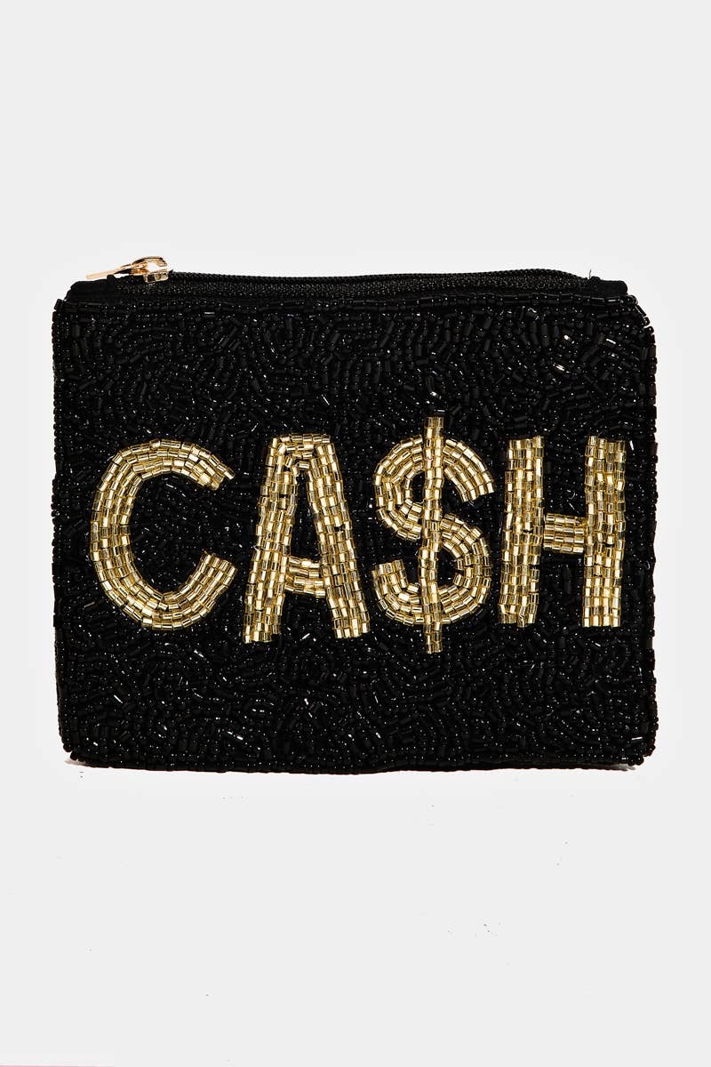 Cash Print Beaded Coin Purse: MULTI