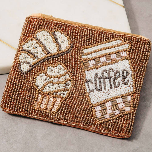 Coffee And Pastries Seed Beaded Coin Purse: MULTI