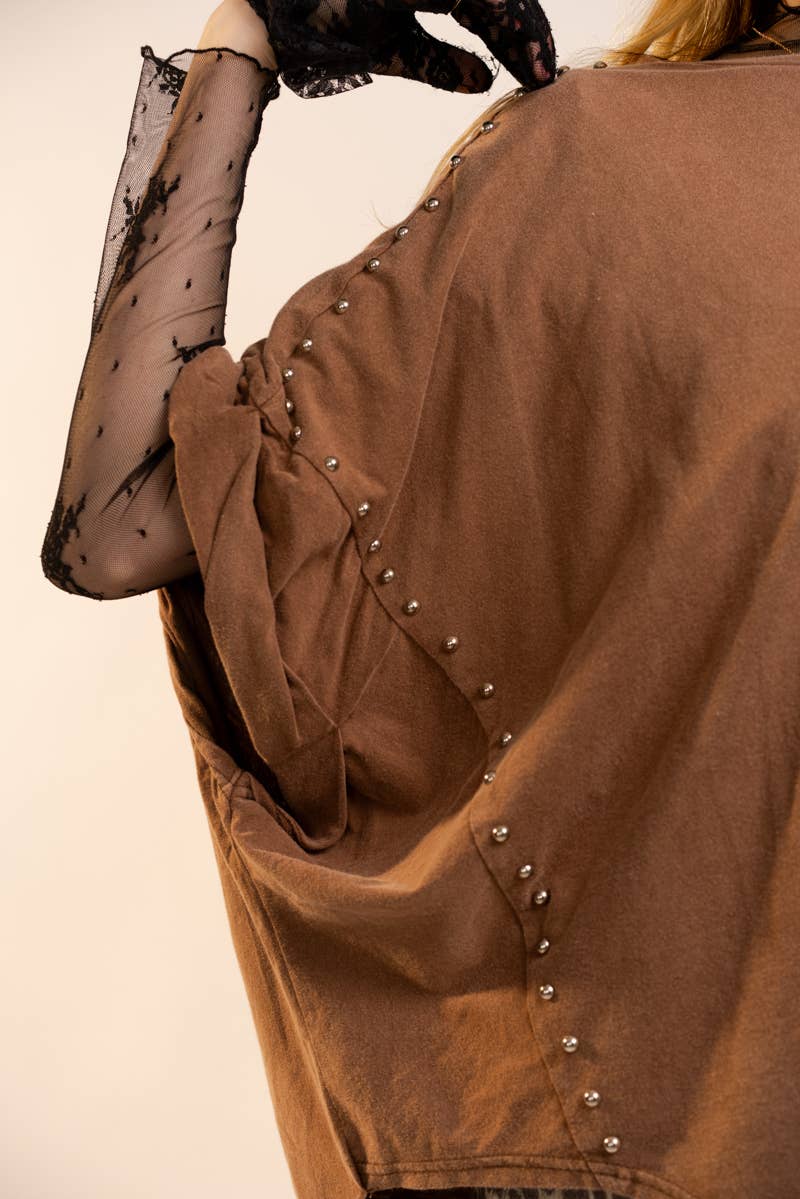 Garment Washed Roll Up Sleeve Studded High Low Tee