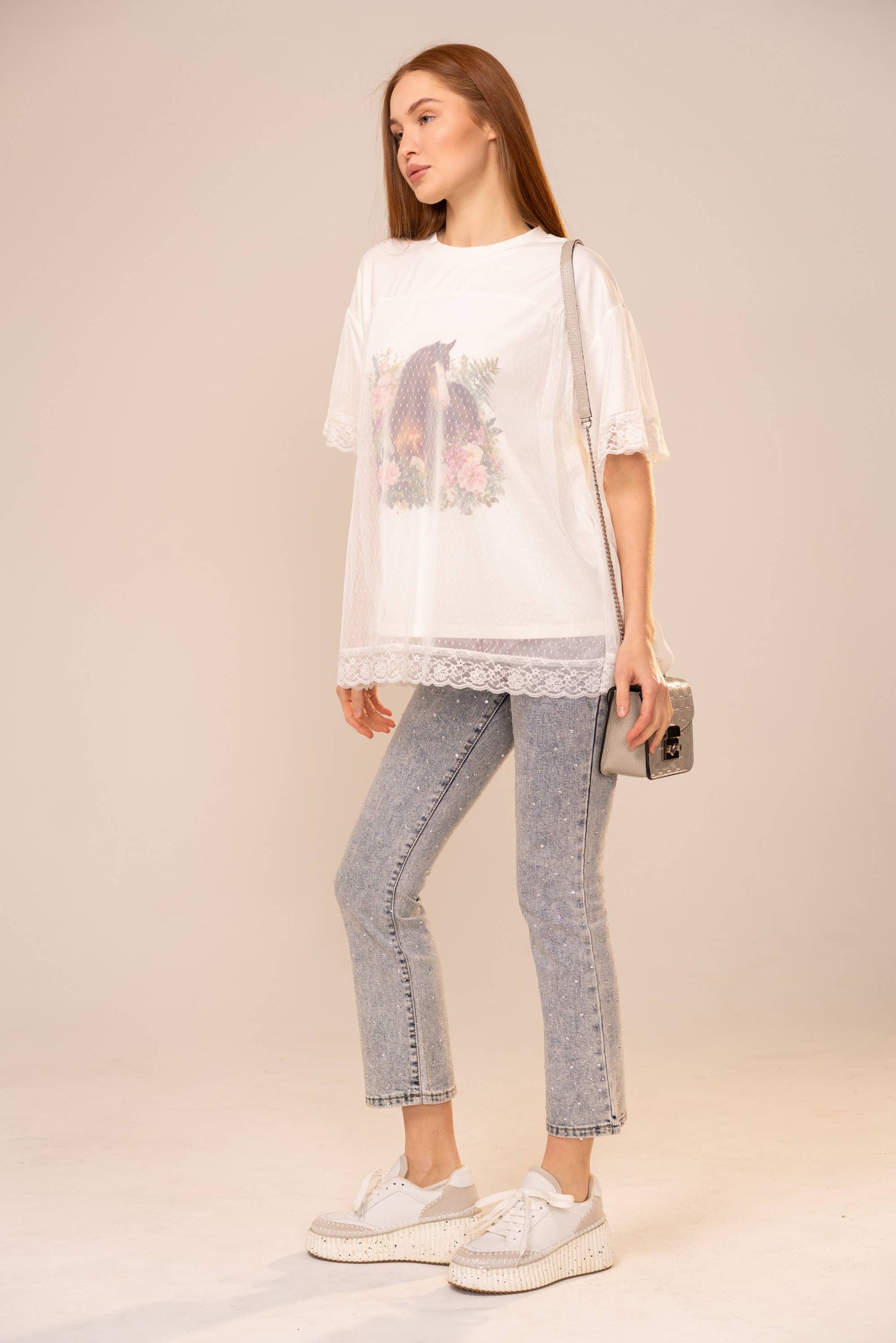 Horse Print Mesh Lace Trim T-Shirt: OFF WHITE