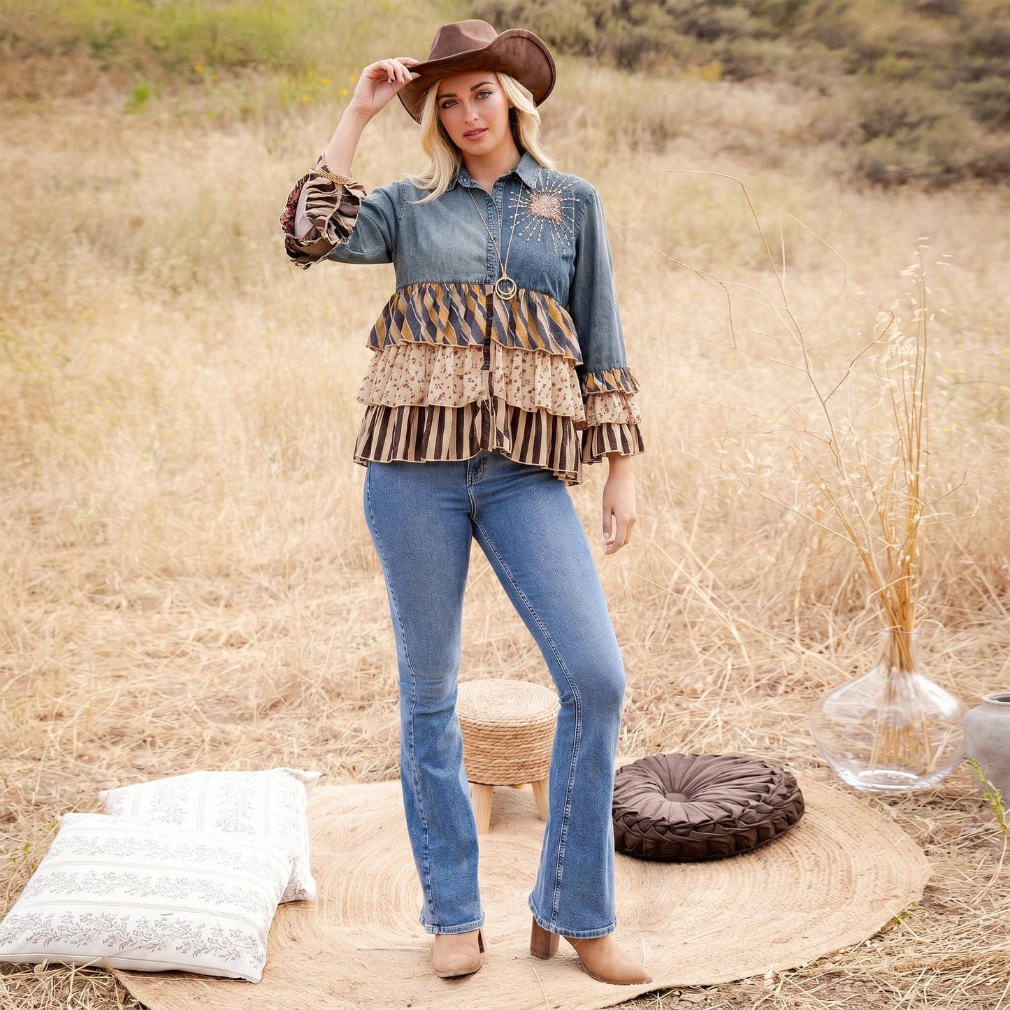 Vintage Boho Denim Yoke Patchwork Tiered Tunic Top