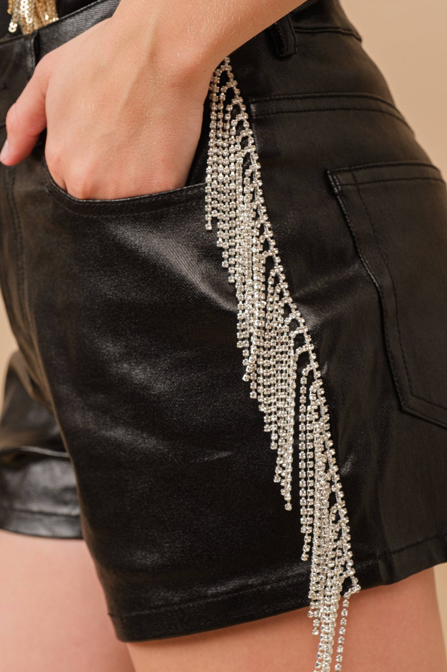 Metallic PU Mid Rise Side Rhinestone Fringe Shorts: BLACK