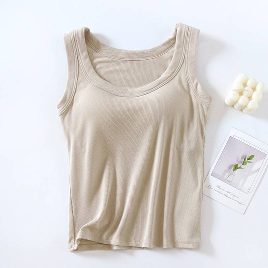 Semi sweetheart built-in bra rib knit basic tank top: Beige