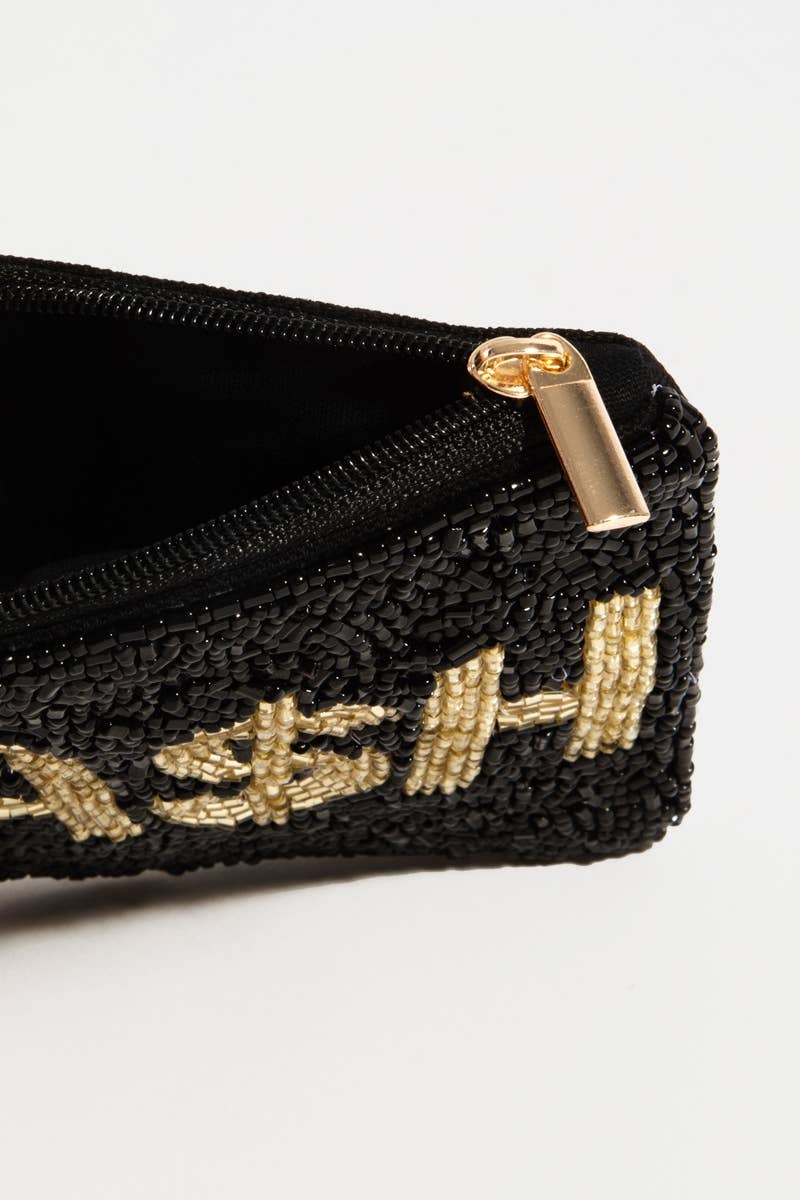 Cash Print Beaded Coin Purse: MULTI