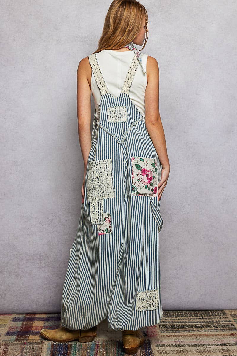 Printed Lace Patch Trim Strap Relaxed Fit Jogger Overall : DENIM
