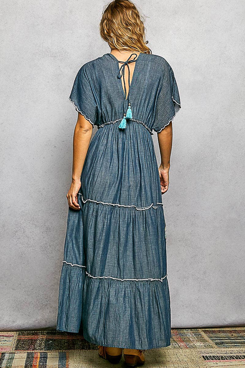 Embroidery Ruffle Neck Loop Cotton Denim V-neck Long Dress : DEEP DENIM